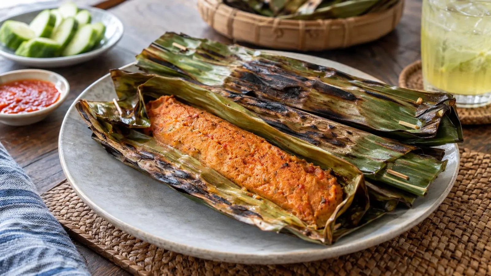 Grilled Singapore otah in charred banana-leaf parcels, one unwrapped to show spiced fish paste