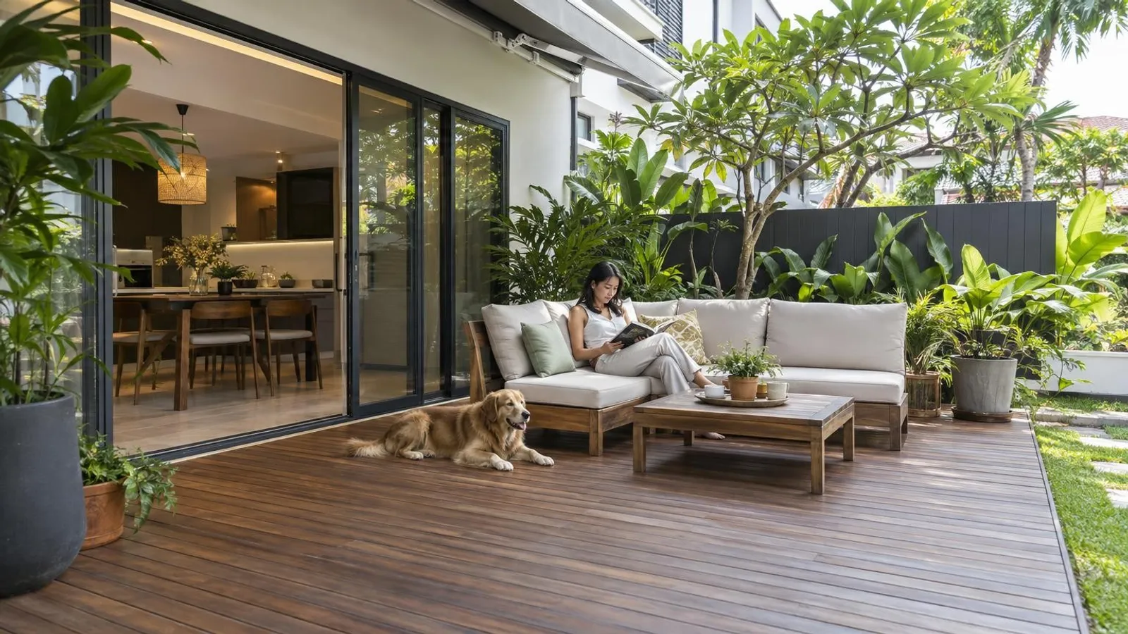 A finished timber deck patio with outdoor furniture at a Singapore landed home