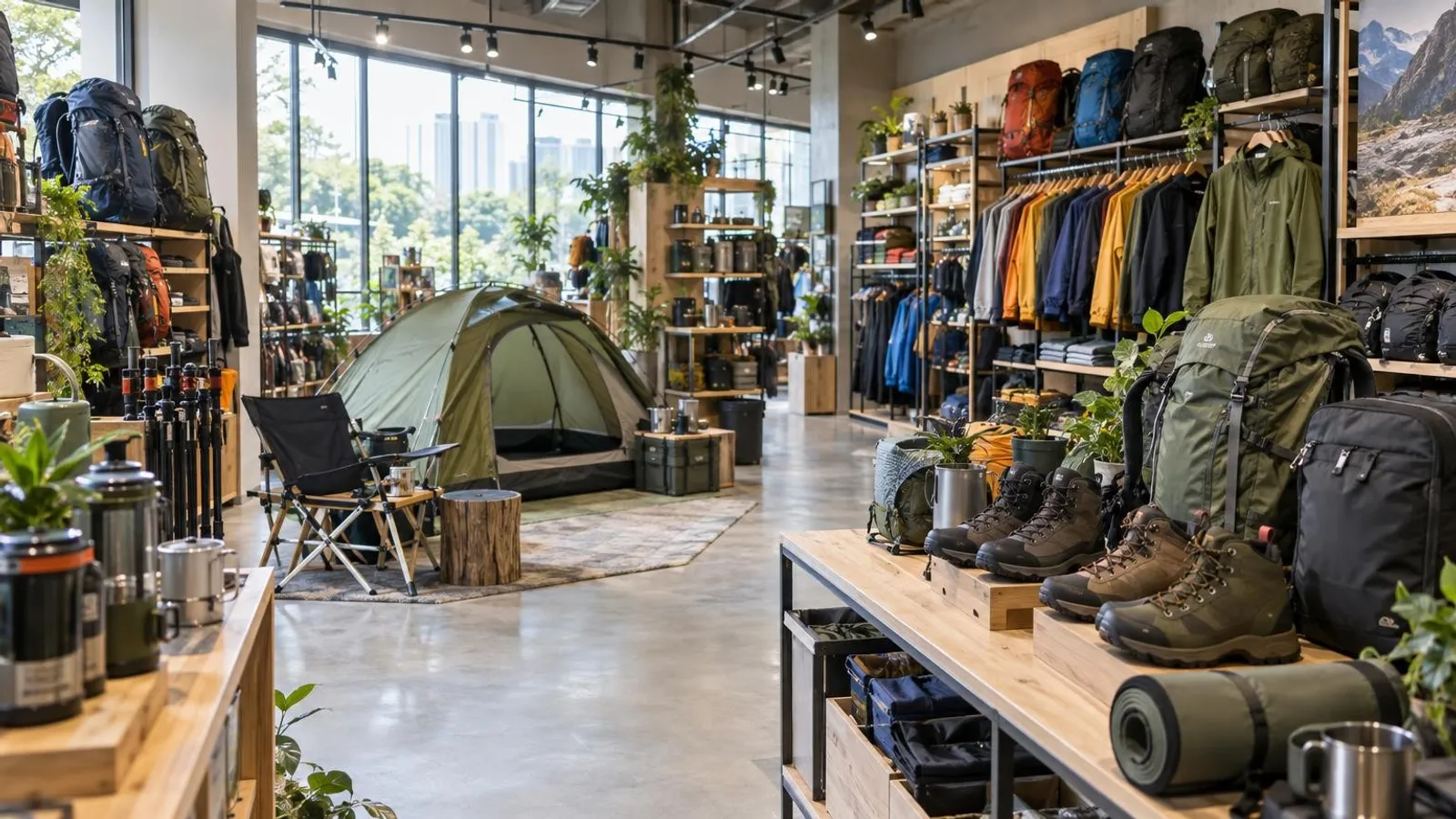 A bright outdoor and camping gear shop in Singapore with tents, backpacks and hiking boots on display