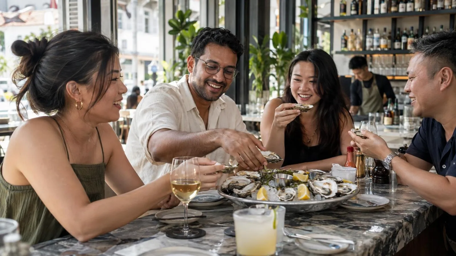 Friends sharing a platter of fresh oysters with white wine at a bright Singapore oyster bar