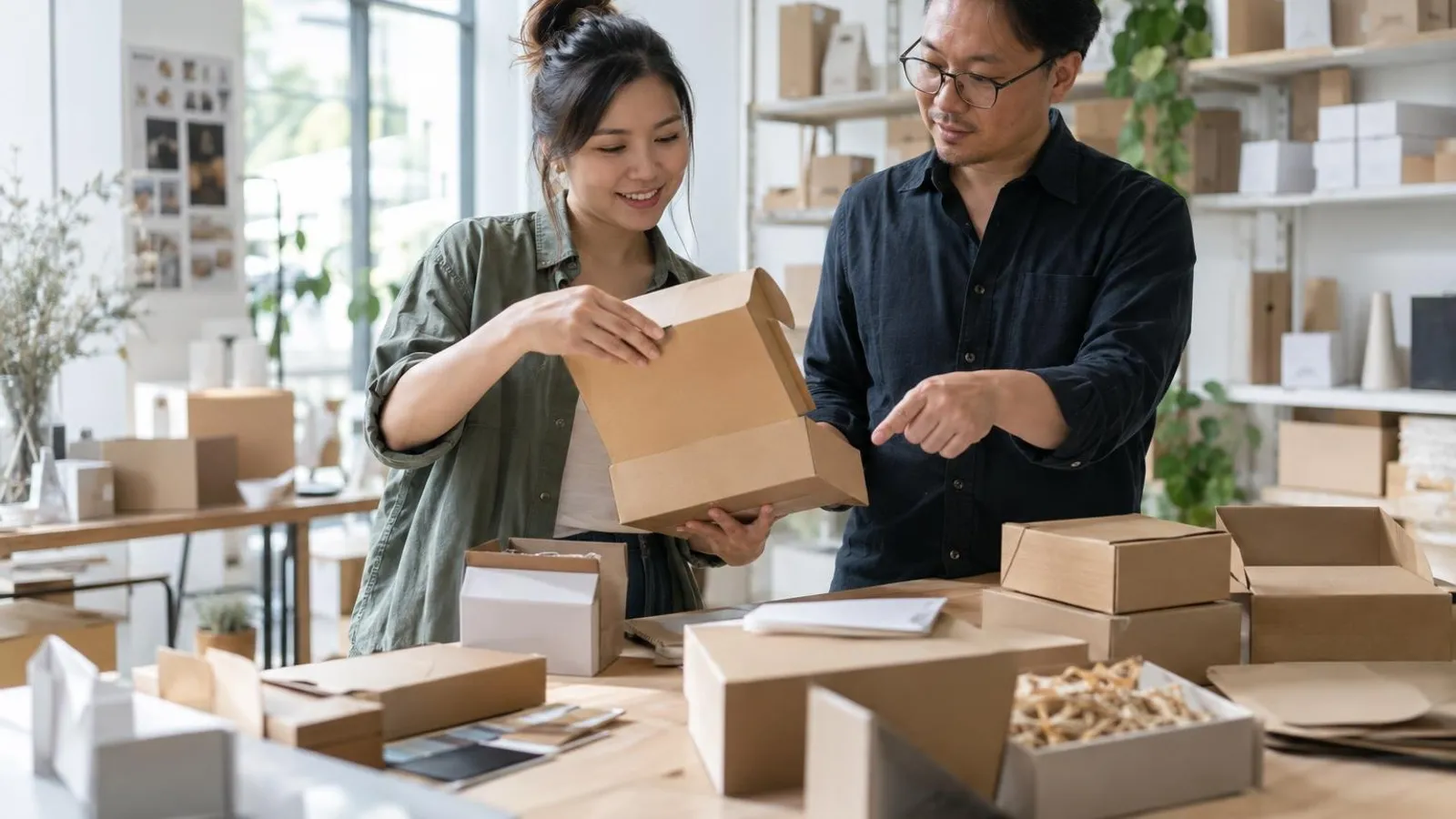 A business owner and a consultant looking at sample cardboard boxes in a packaging showroom