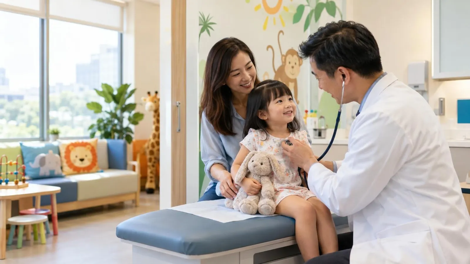 A warm child-friendly paediatric clinic in Singapore with a cheerful waiting area and examination room