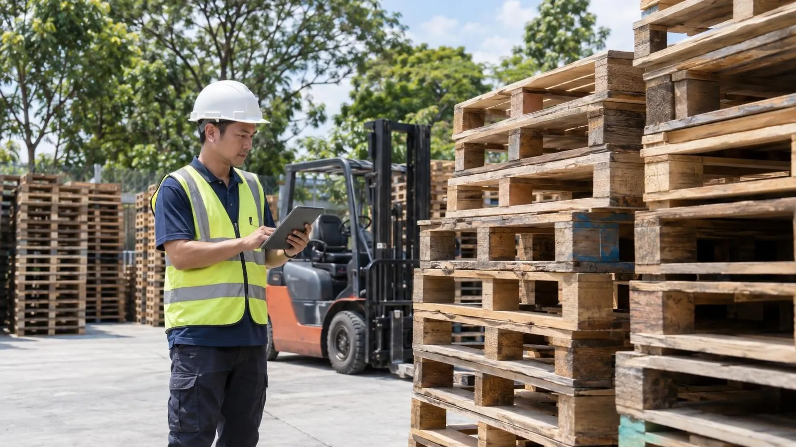 Stacks of wooden pallets in a yard beside a forklift with a worker checking them