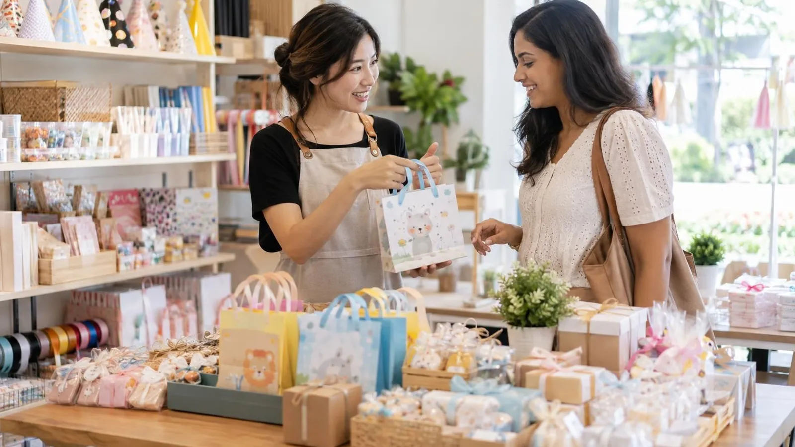 Party Goodie Bag and Return Gift Suppliers: a customer and a provider in a bright, modern setting