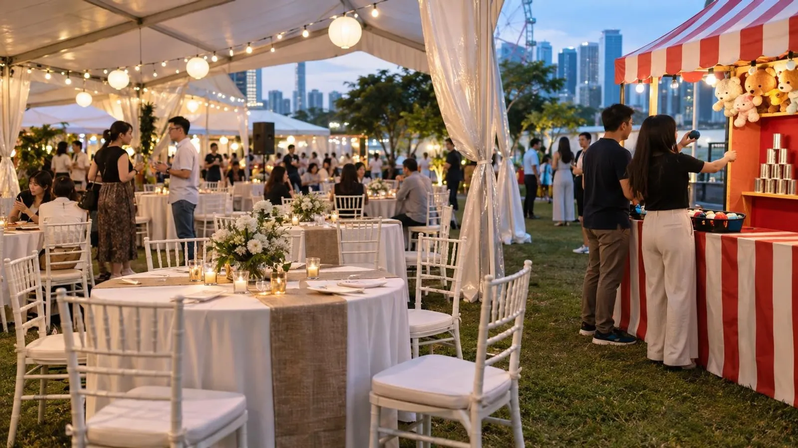 An event set-up of rented tables, chairs, tentage and a carnival game stall in Singapore