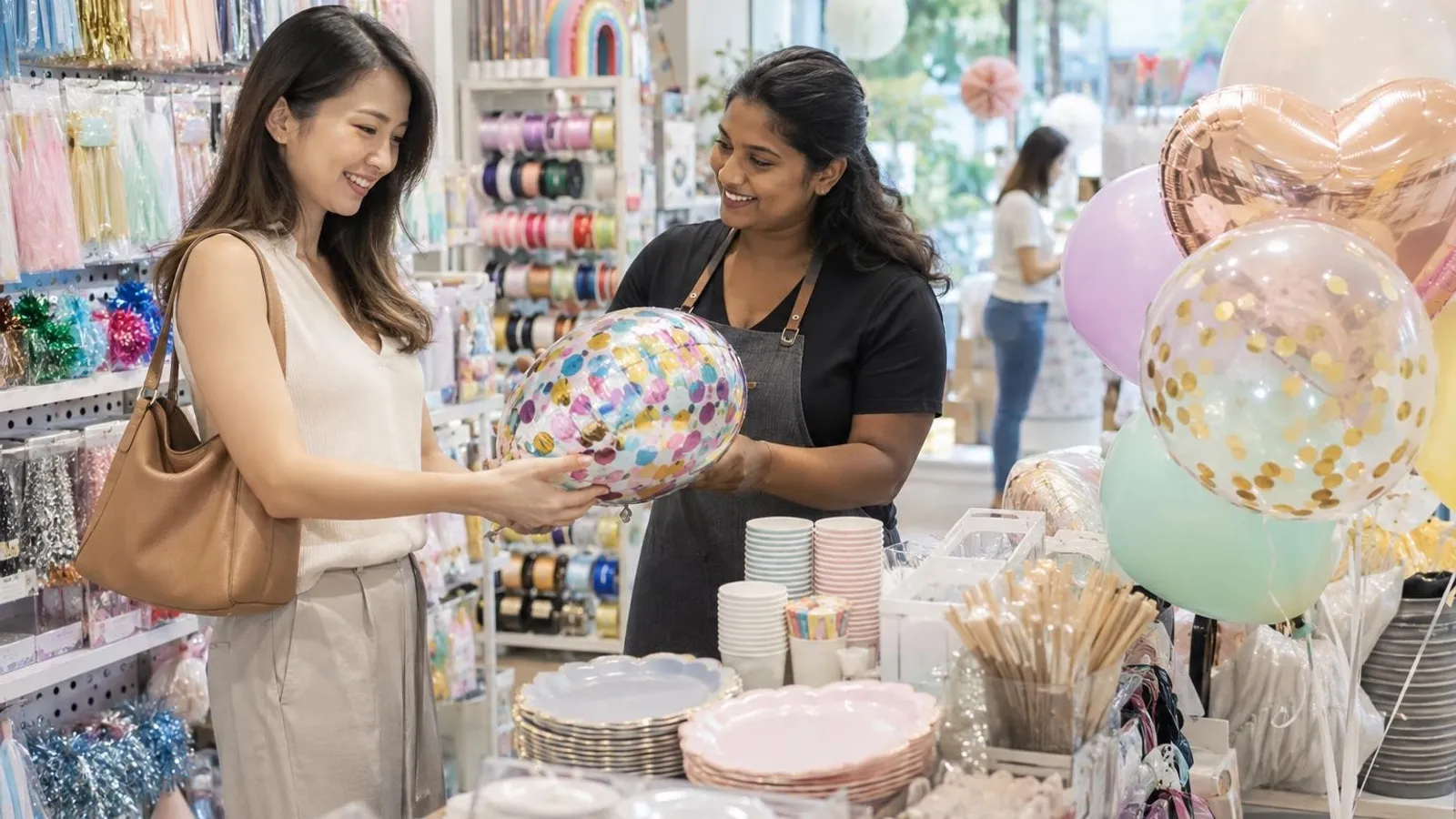 Party Supplies Shops: a customer and a provider in a bright, modern setting