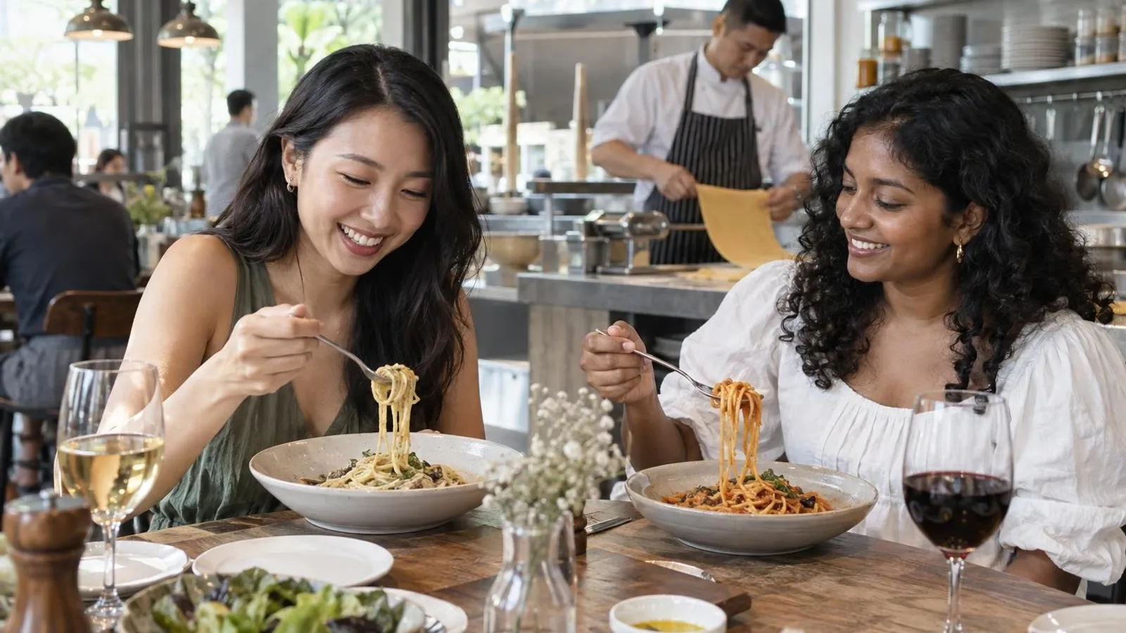 Two friends twirling fresh pasta over wine at a bright Singapore Italian restaurant