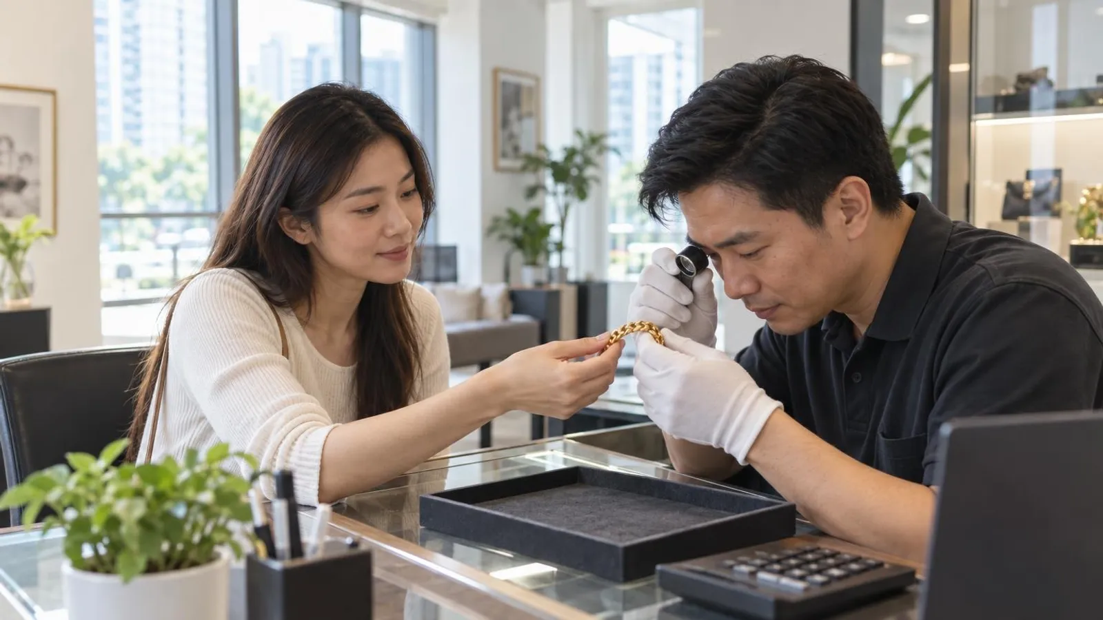 A customer handing a gold bracelet to an assessor examining it with a loupe at a bright Singapore pawnshop counter