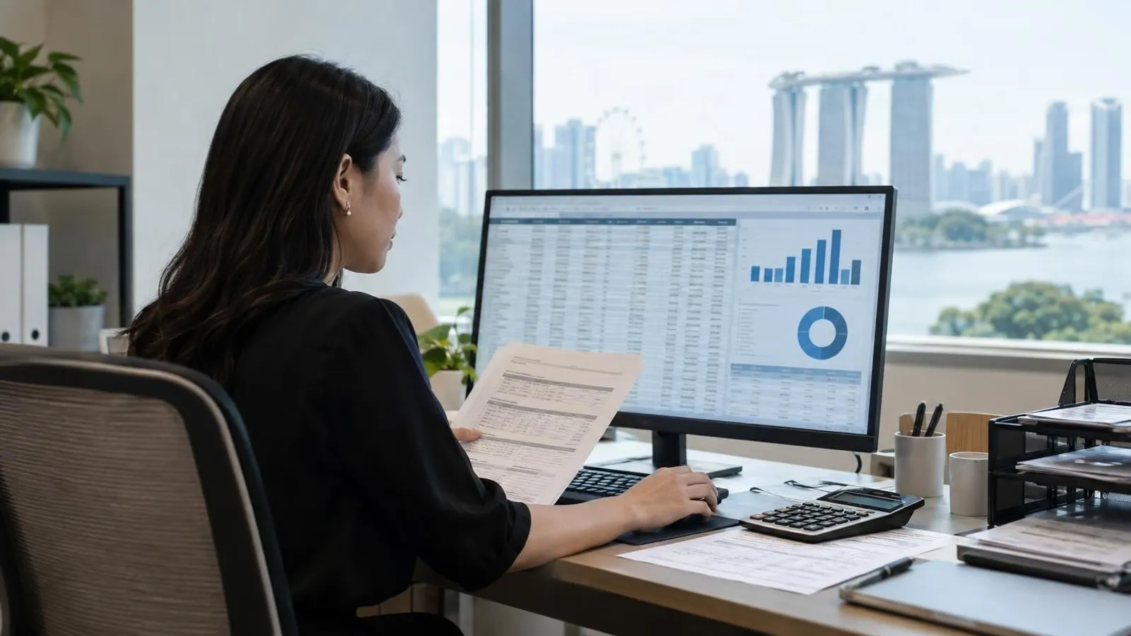 A payroll specialist reviewing a payslip against a payroll spreadsheet in a Singapore office