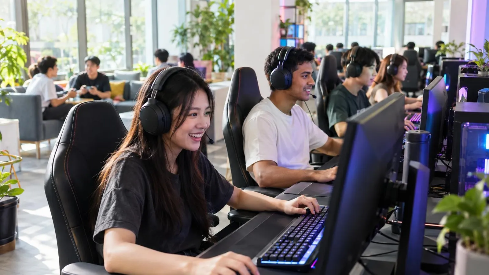 Friends playing on high-end gaming PCs side by side at a stylish bright gaming lounge with soft coloured accent lighting