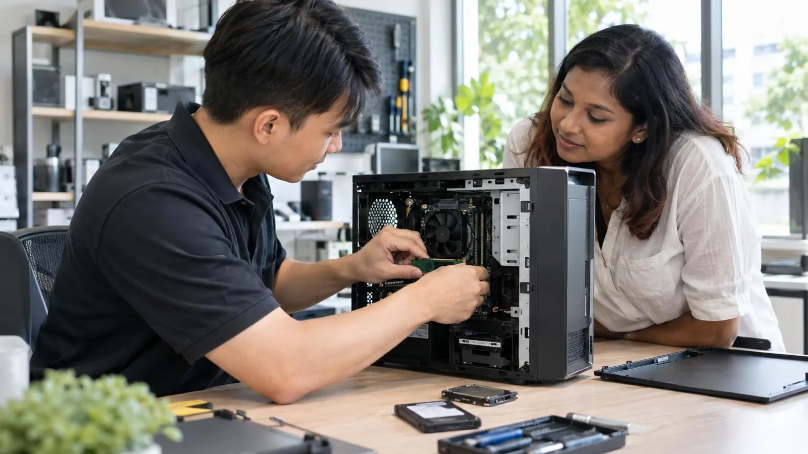 A technician installing a new SSD and memory module into an open desktop computer at a bright tidy workbench