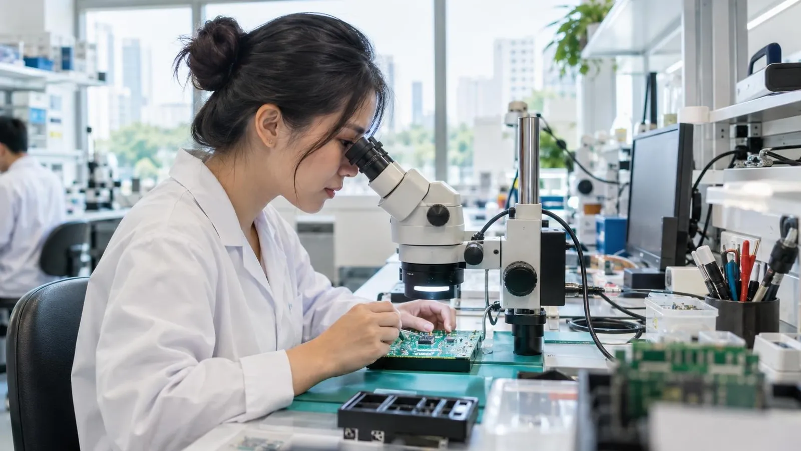 A technician inspecting a green circuit board under a microscope on a clean bright electronics assembly bench
