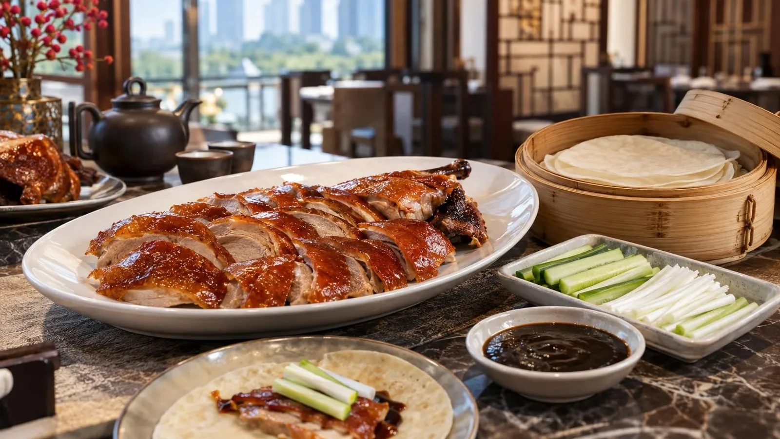 Slices of Peking duck with glossy lacquered crispy skin on a plate beside thin pancakes, cucumber batons, spring onion and hoisin sauce