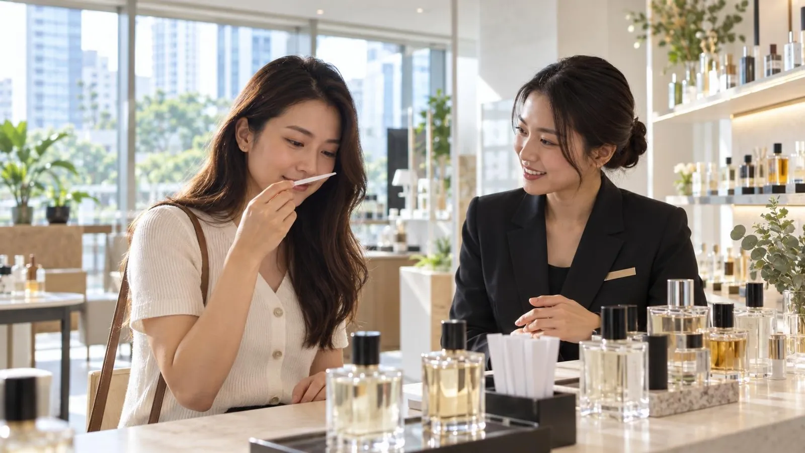 A customer smelling a fragrance from a testing strip at a bright modern Singapore perfume boutique