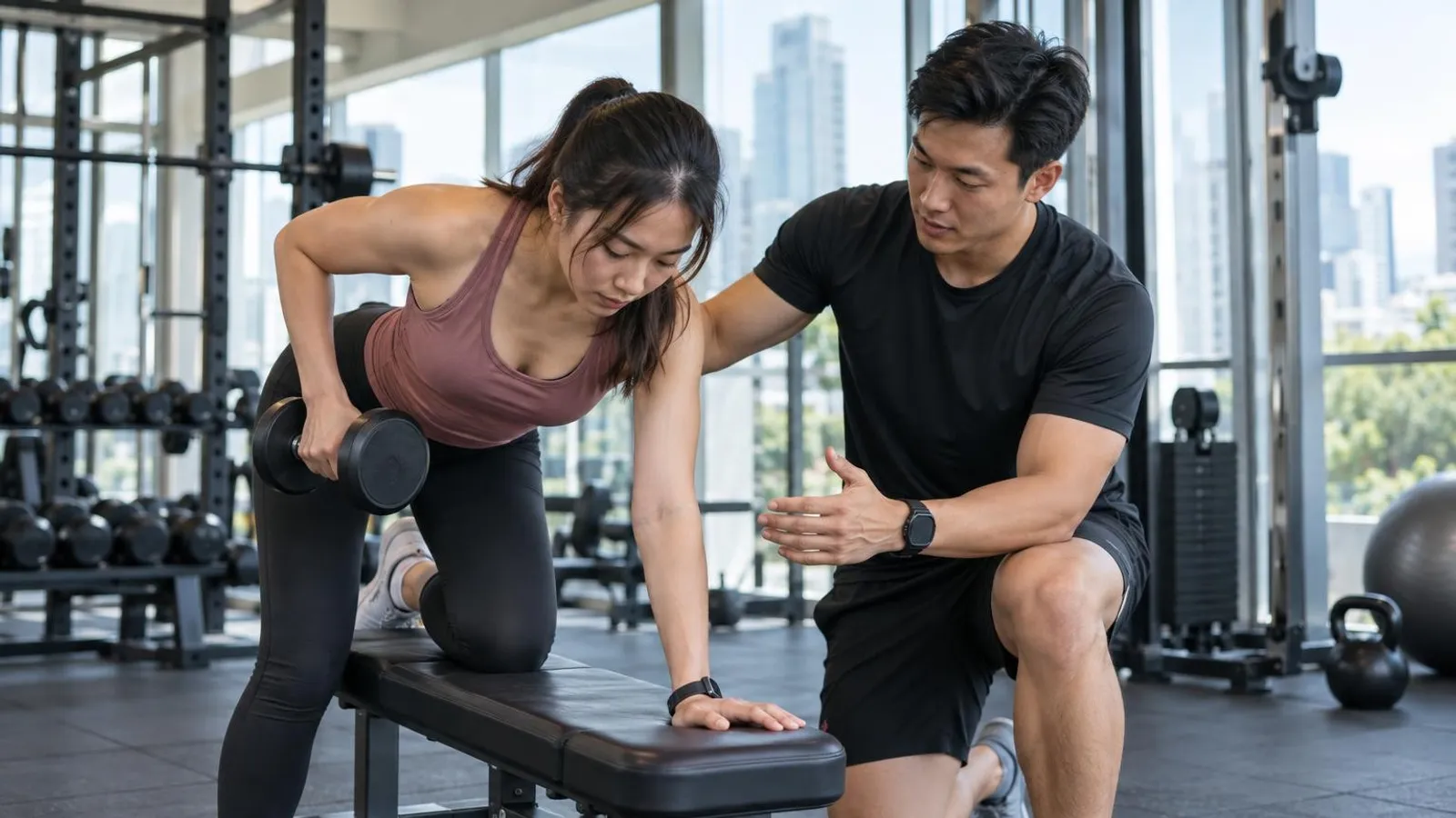 A personal trainer coaching a client through a dumbbell exercise in a bright Singapore gym