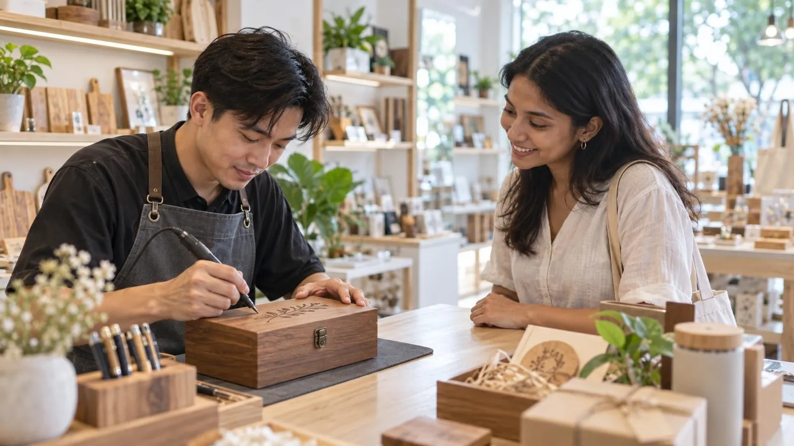 Personalised Gift Shops: a customer and a provider in a bright, modern setting