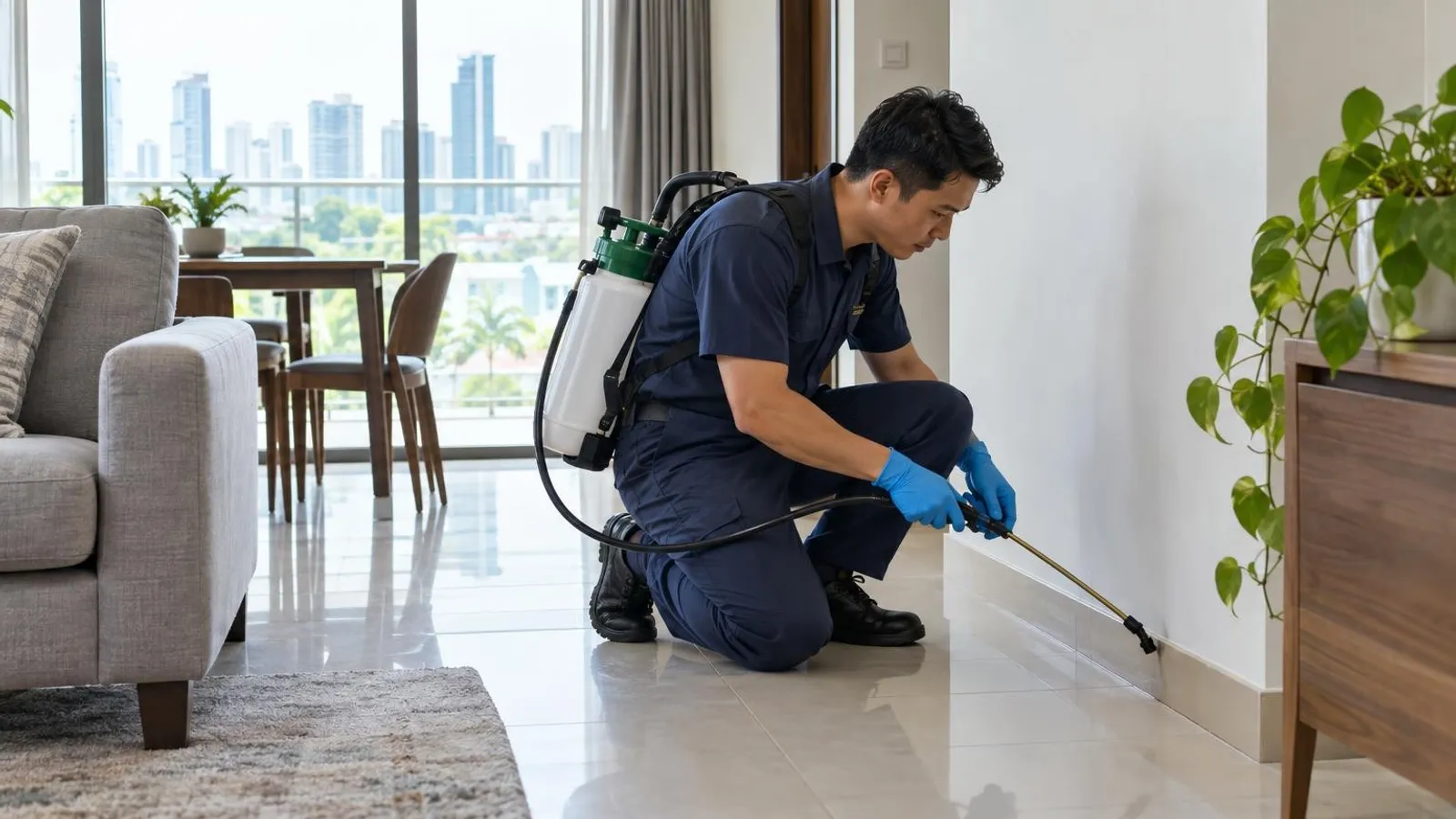 A pest-control technician treating the skirting of a Singapore living room