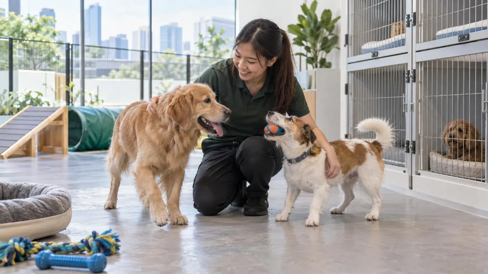 A boarding attendant playing with two dogs in a bright, clean pet boarding facility with kennels