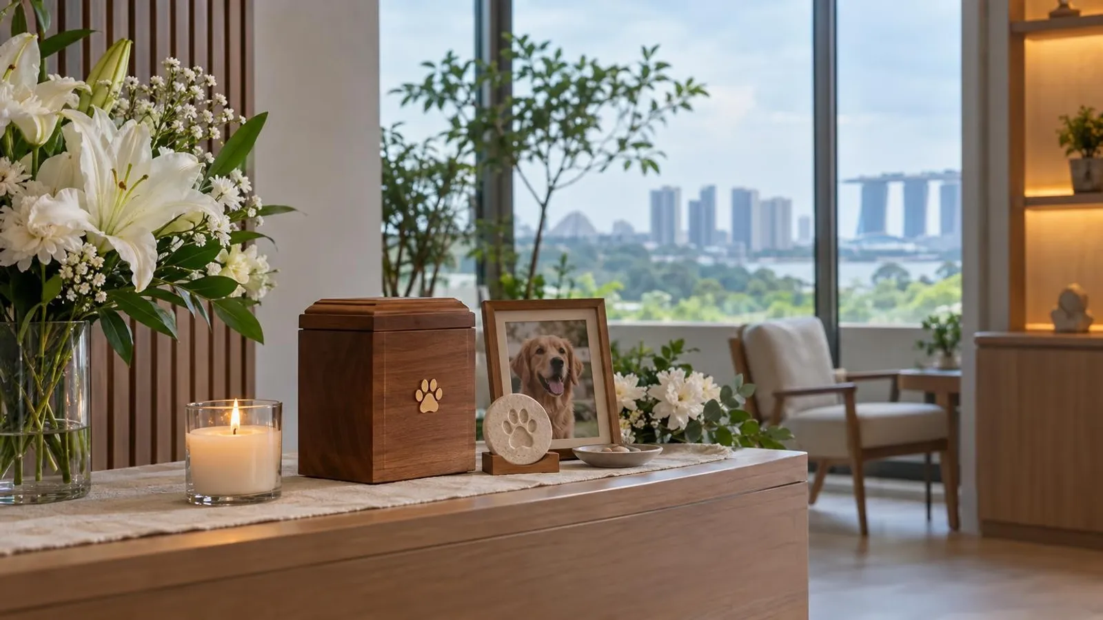 A serene pet memorial space in Singapore with soft candlelight, white flowers, a wooden urn and a paw-print keepsake