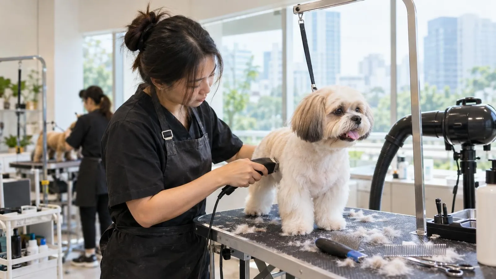 A pet groomer clipping a small dog on a grooming table in a bright Singapore pet grooming salon