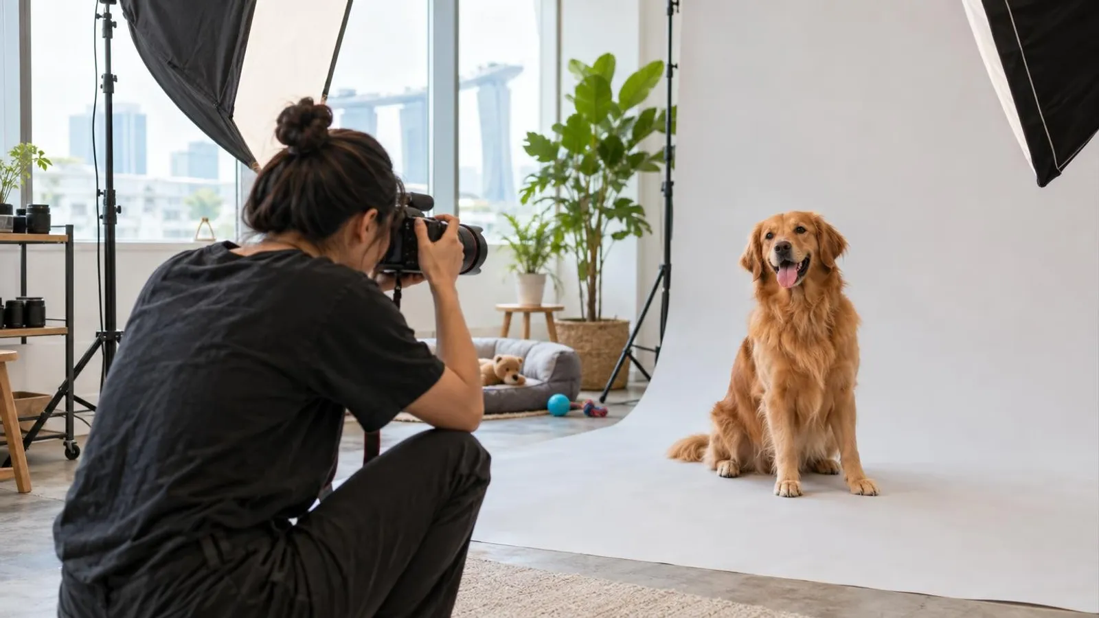 A pet photographer taking a portrait of a happy dog in a bright Singapore studio with softbox lights