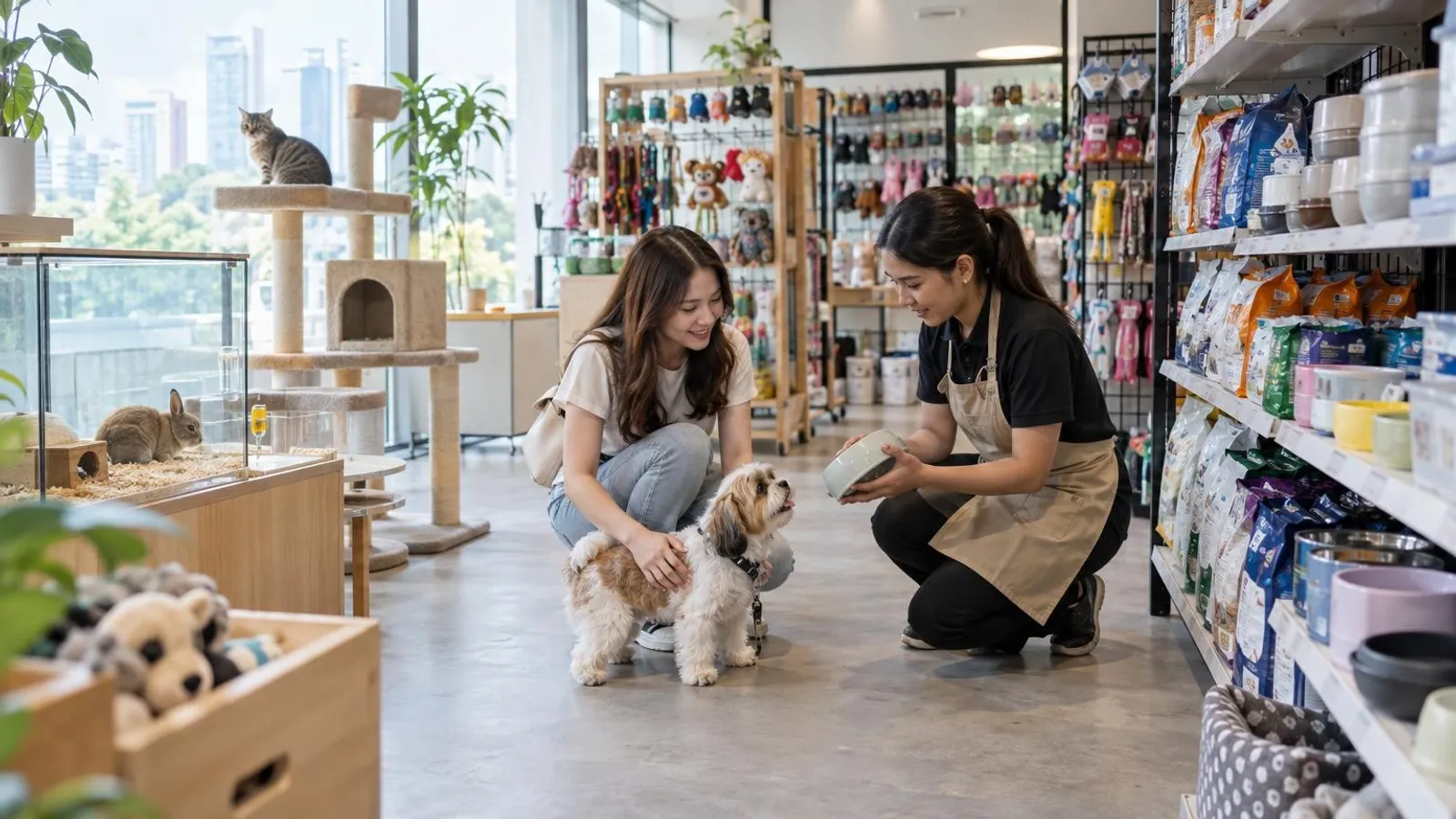 A bright pet supplies shop in Singapore with shelves of pet food and accessories