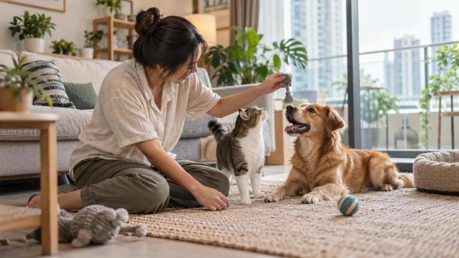 A pet sitter playing with a happy dog and cat in a cosy, bright Singapore home