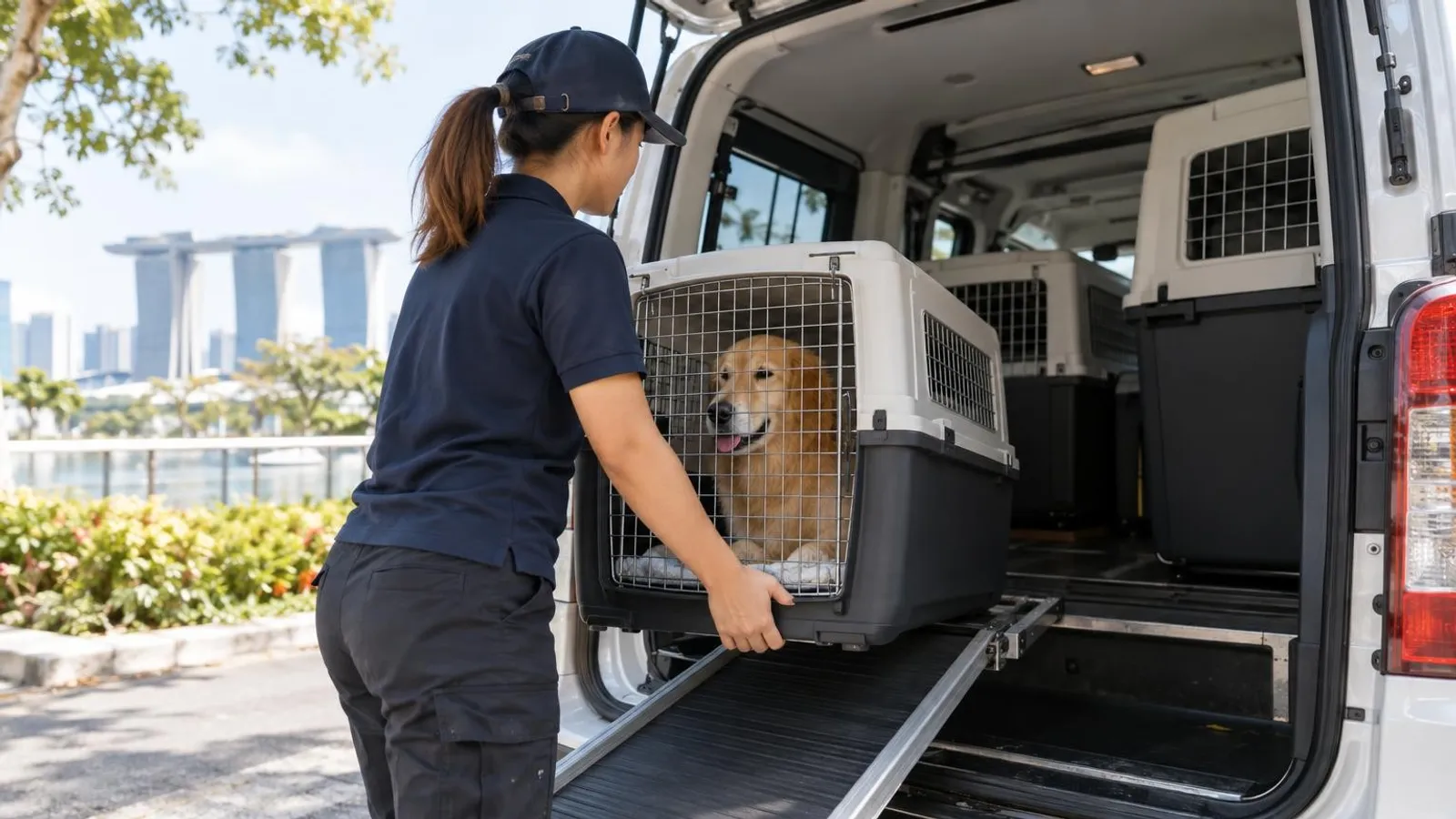 A calm dog in a travel crate being loaded into a clean pet-transport van in Singapore