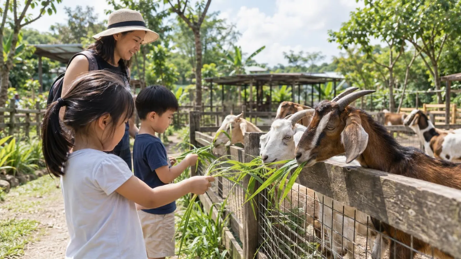 Children feeding goats over a fence at a Singapore petting farm