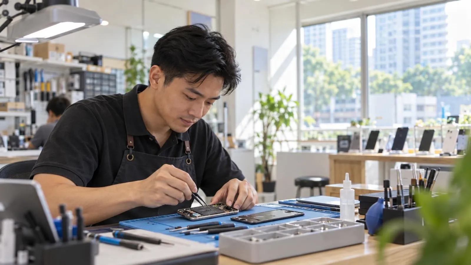 A technician using precision tools to repair an opened smartphone at a workbench in a Singapore repair shop