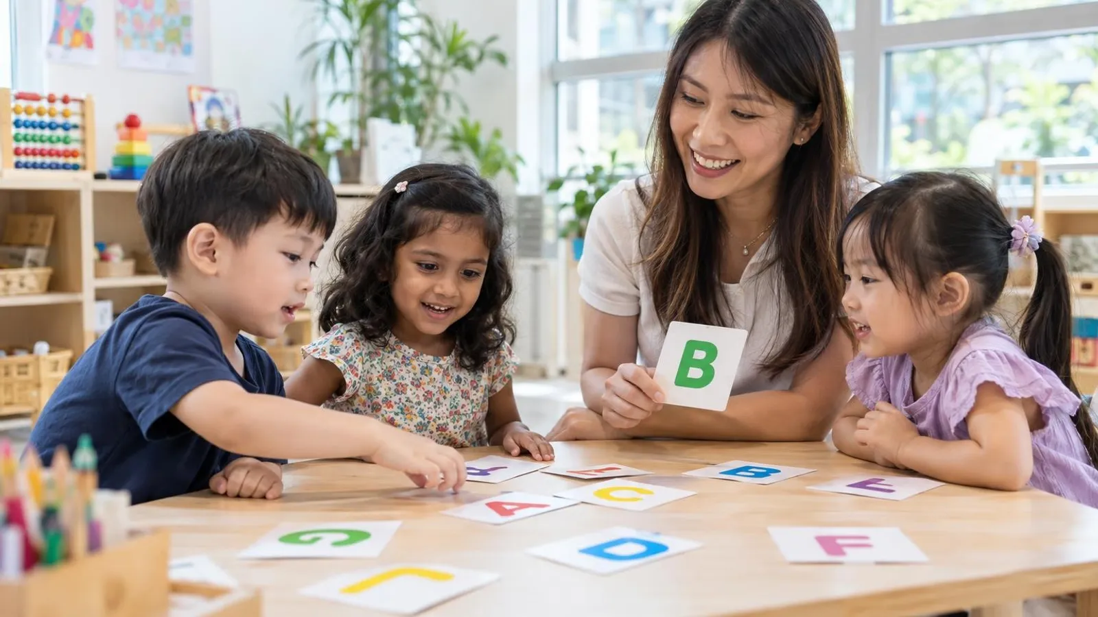 Young children and a teacher with colourful letter cards around a table in a bright classroom