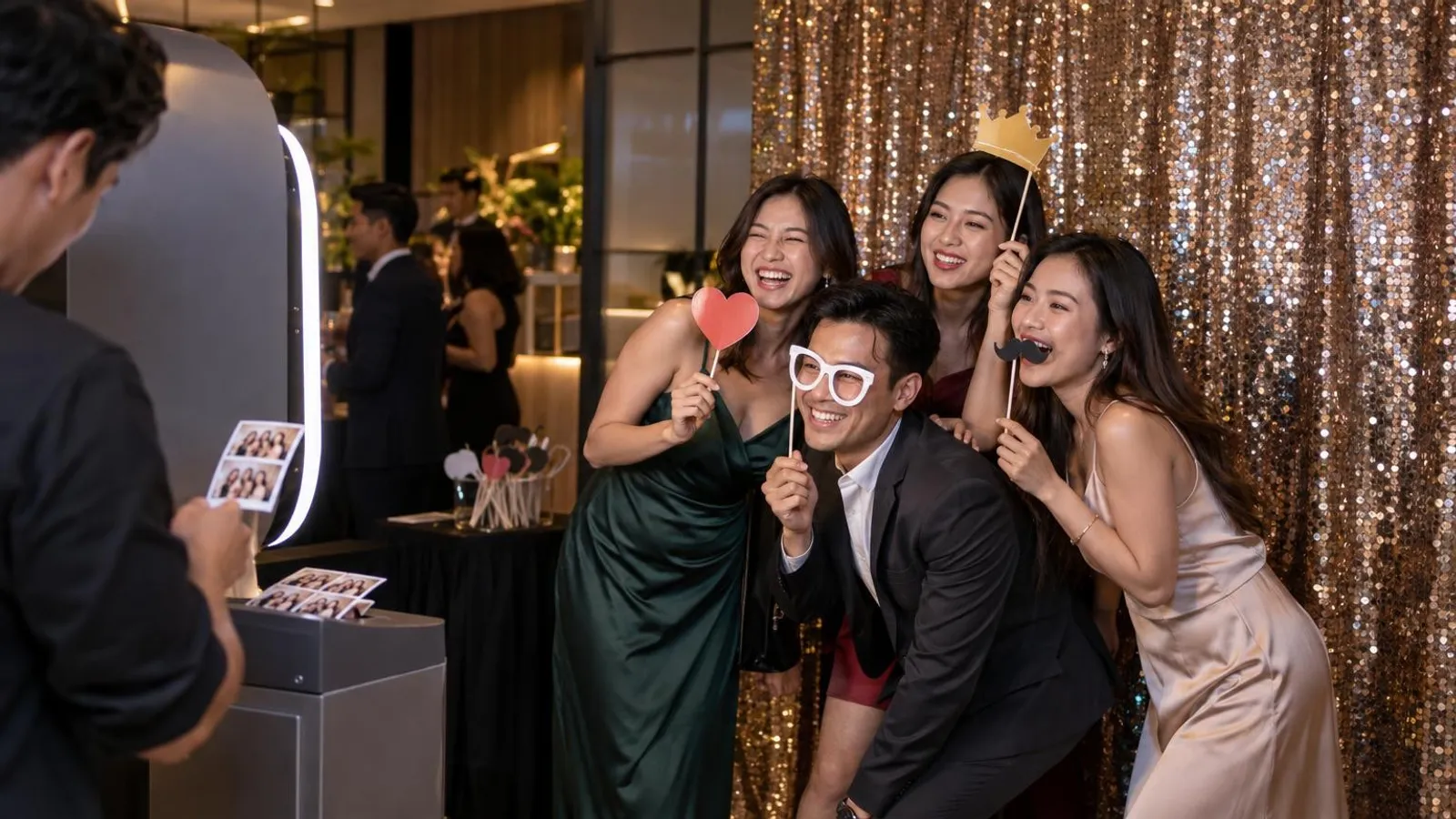 Guests posing with props at an instant-print photo booth with a sequin backdrop in Singapore