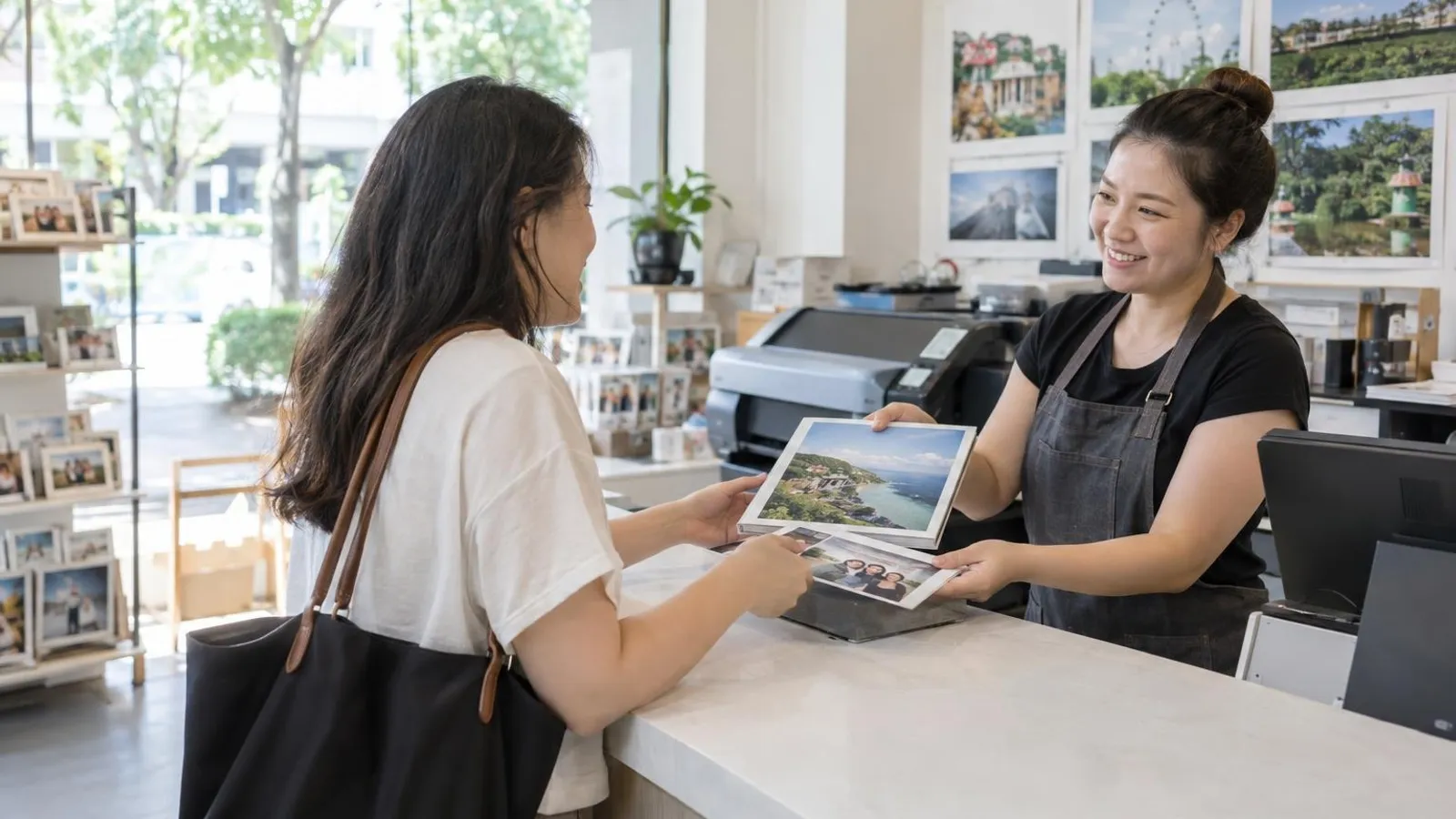 A customer collecting freshly printed photographs and a photo book from a bright clean print shop counter