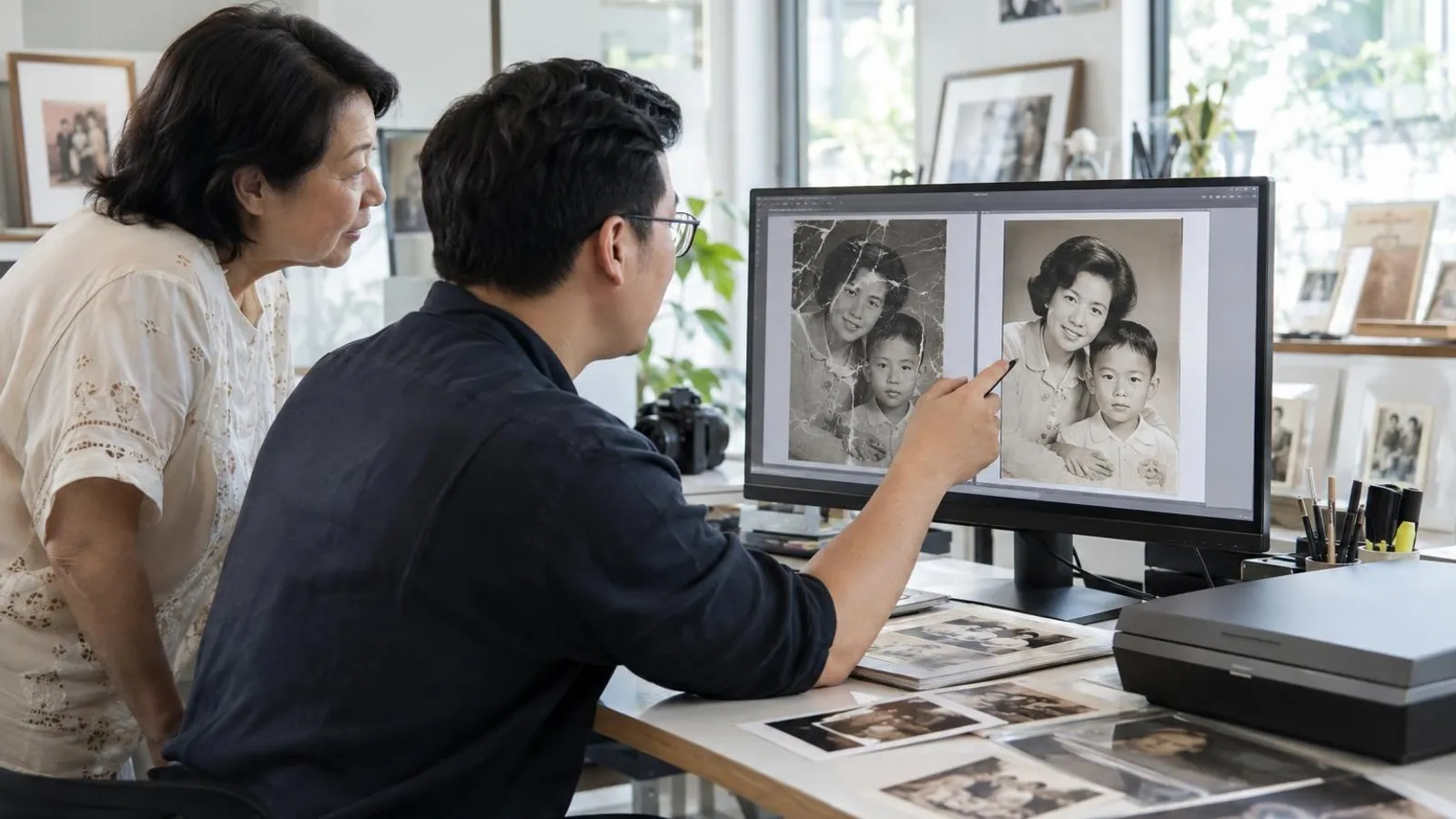 Photo Restoration and Retouching Services: a customer and a provider in a bright, modern setting