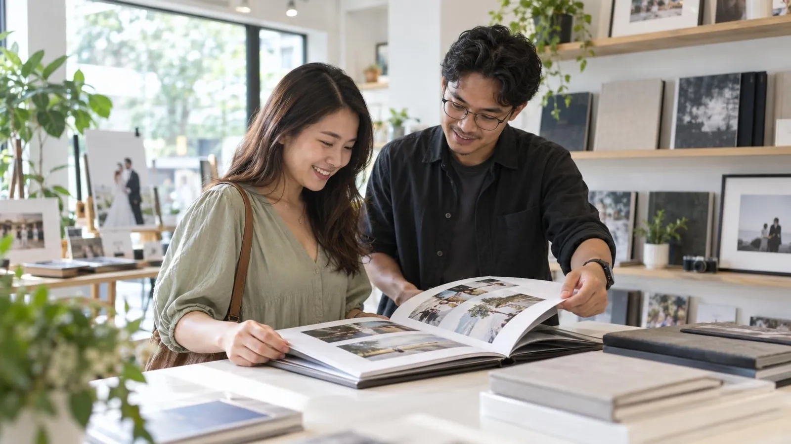 Photobook and Photo Album Printing Services: a customer and a provider in a bright, modern setting