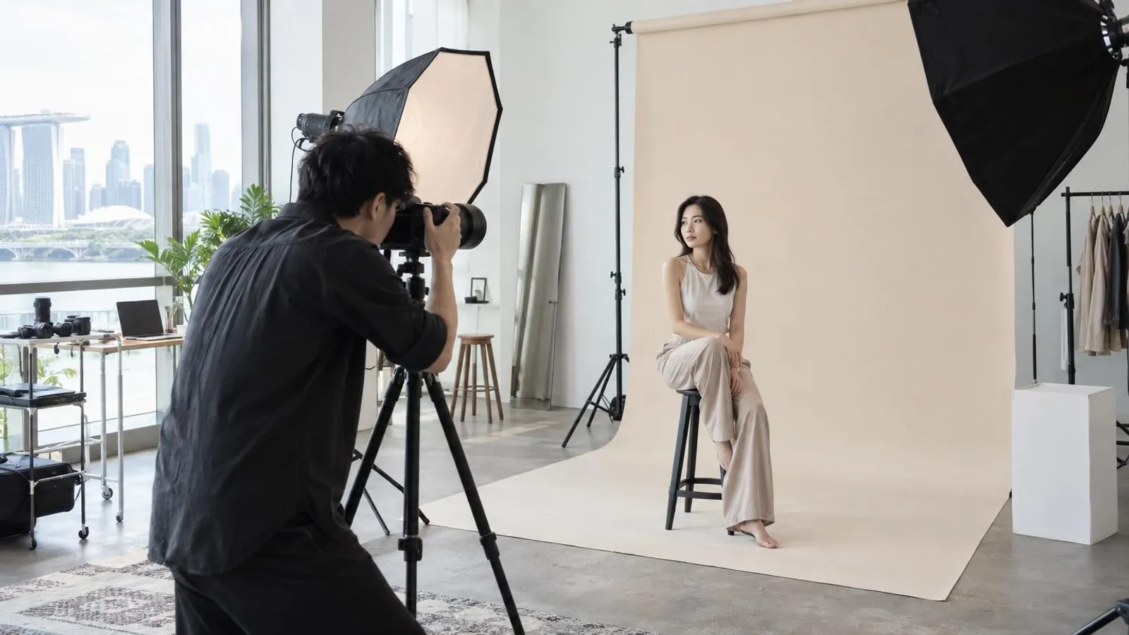 A photographer shooting a portrait against a seamless backdrop with studio lighting in a bright Singapore photo studio