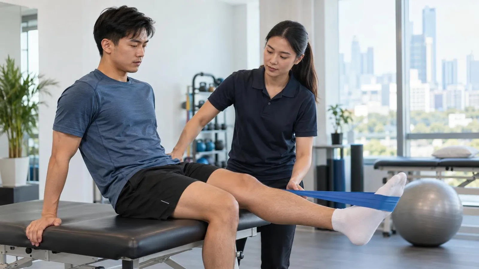 A physiotherapist guiding a patient through a resistance-band rehabilitation exercise in a Singapore clinic