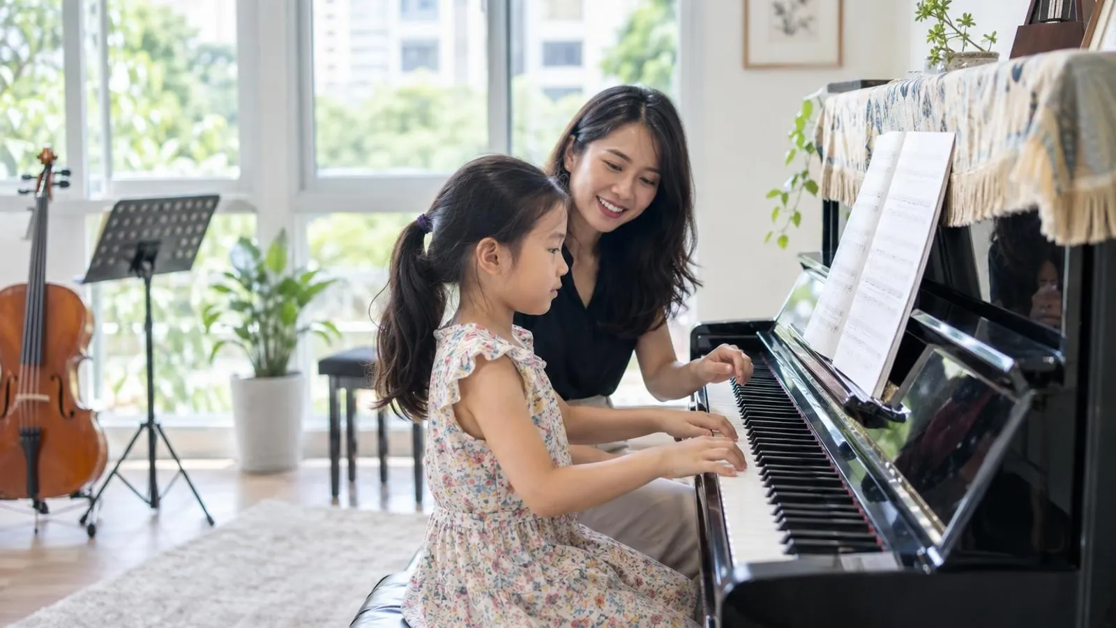 A young girl playing an upright piano with a smiling teacher beside her in a bright music room