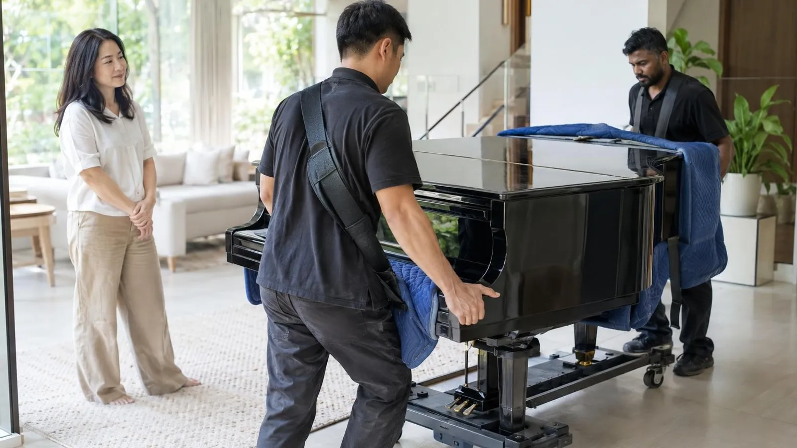 Piano Movers: a customer and a provider in a bright, modern setting