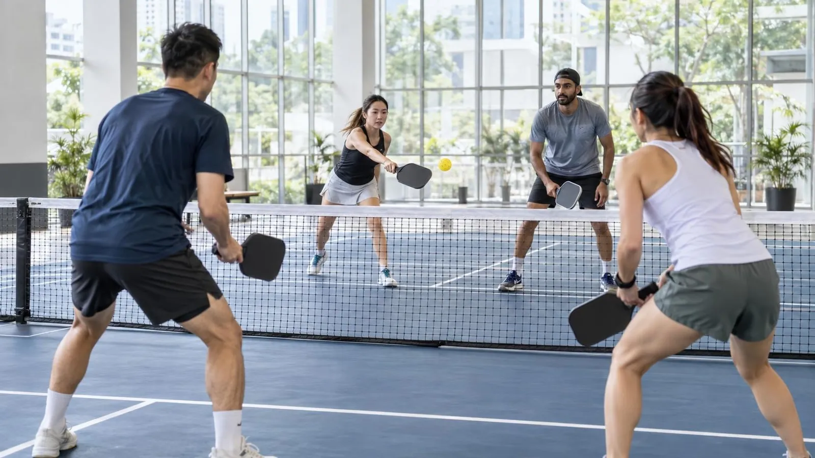 Friends playing doubles pickleball on a bright indoor court