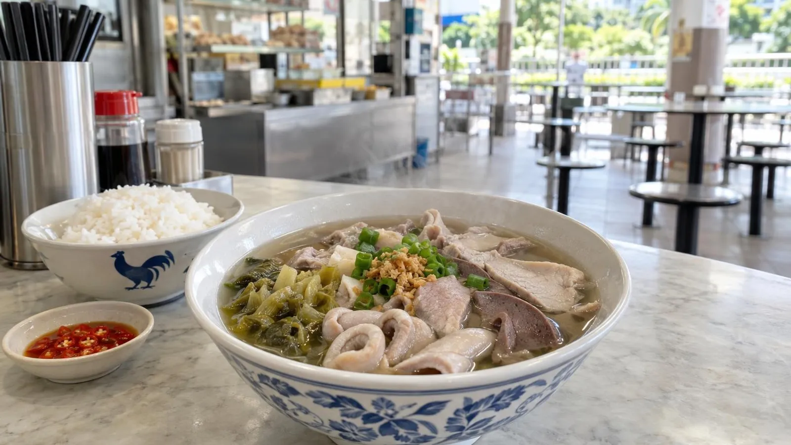 A steaming bowl of Teochew pig organ soup with pork and salted vegetable at a bright Singapore hawker eatery
