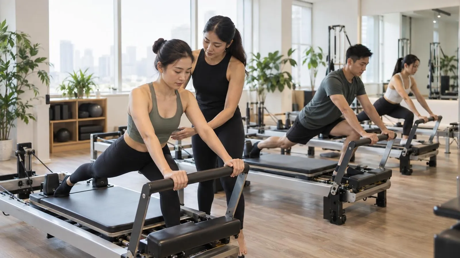 A reformer Pilates class with an instructor guiding students on reformer machines in a bright Singapore studio