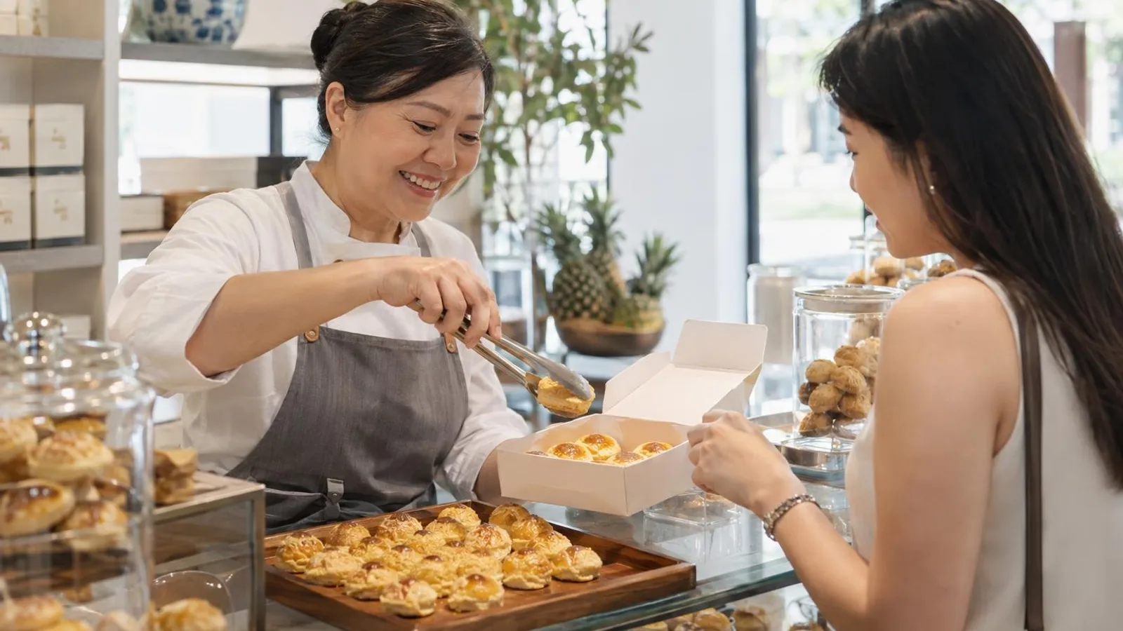 Pineapple Tarts: a customer and a provider in a bright, modern setting