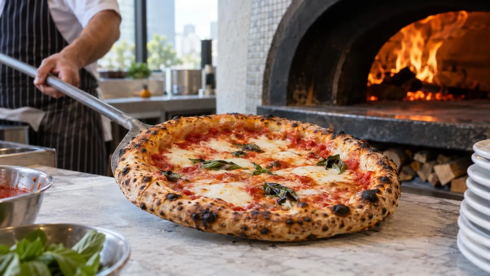 A wood-fired Neapolitan margherita pizza pulled fresh from the oven at a Singapore pizzeria