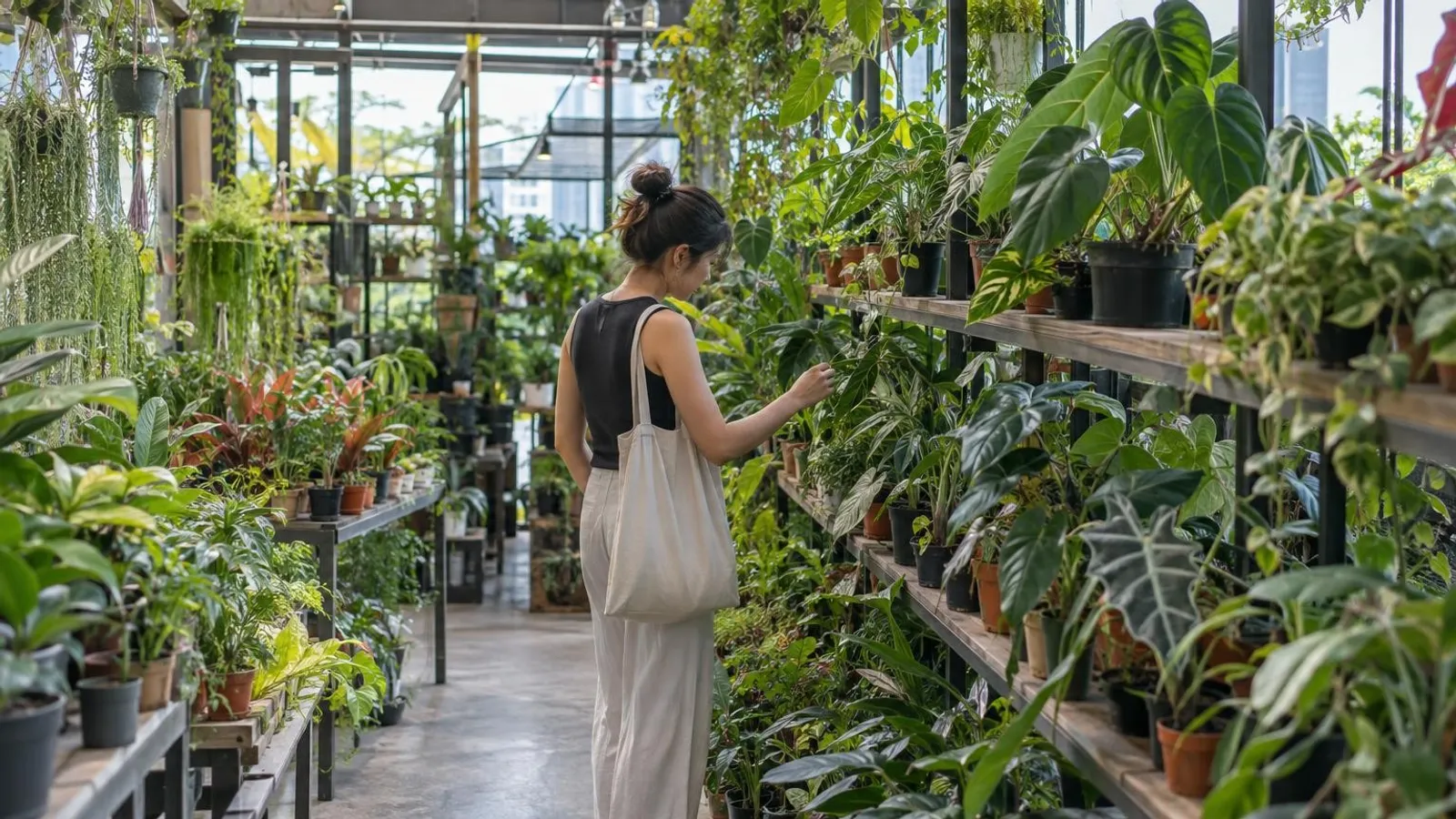 A Singapore plant nursery full of potted tropical plants on shelves