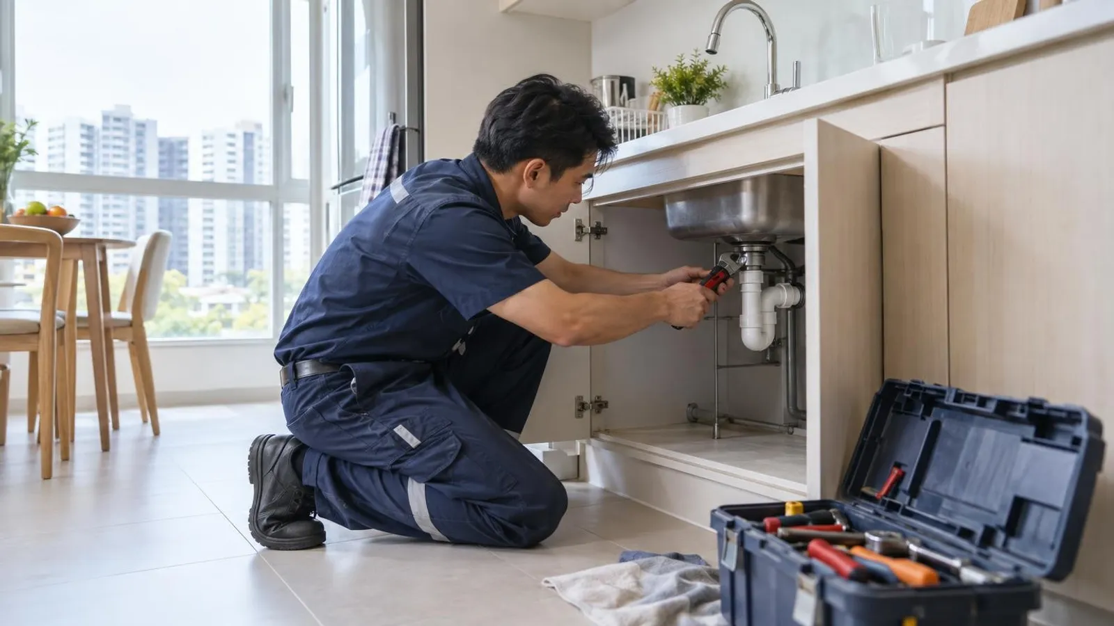 A plumber fixing pipes under a kitchen sink in a bright Singapore HDB flat