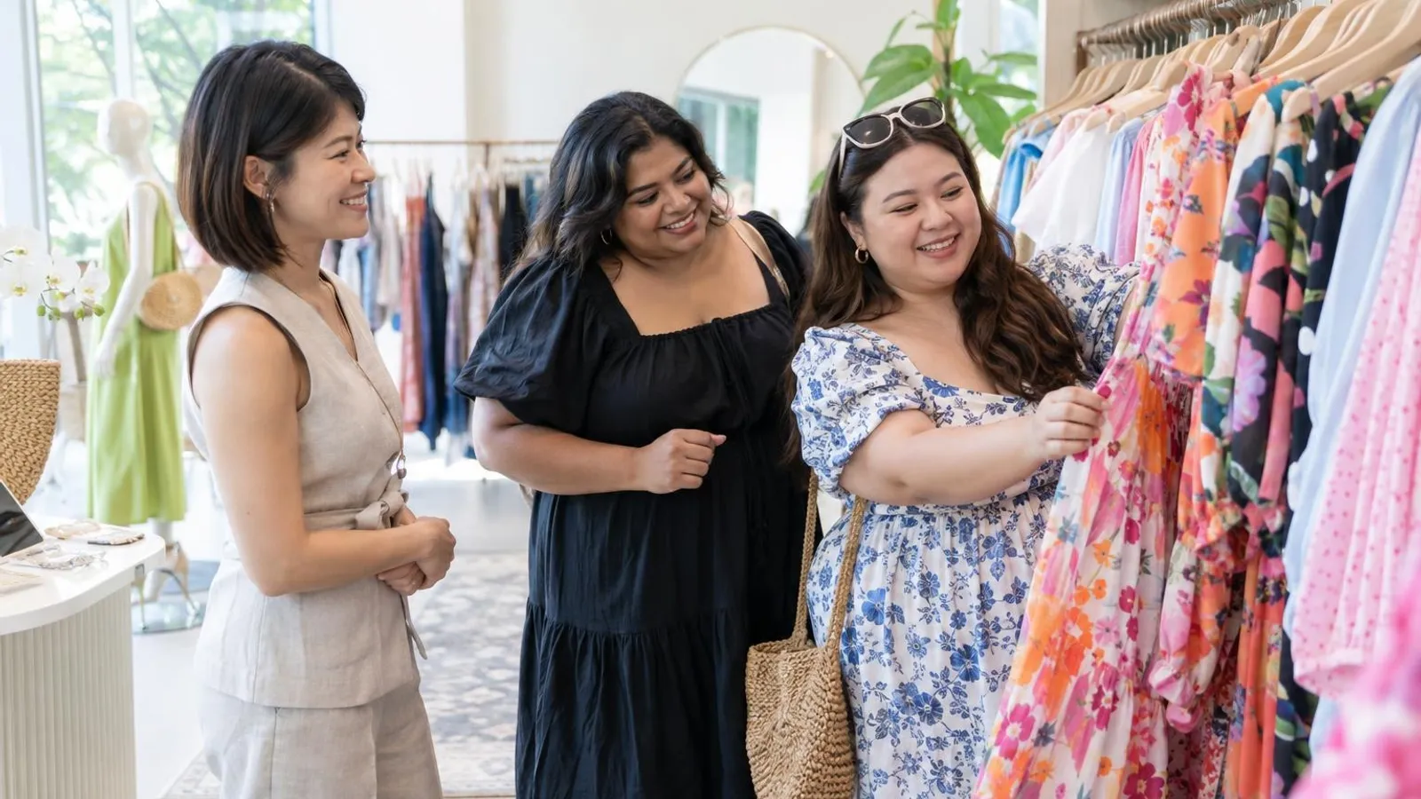 Women browsing colourful dresses on a rack in a bright boutique with a shop assistant