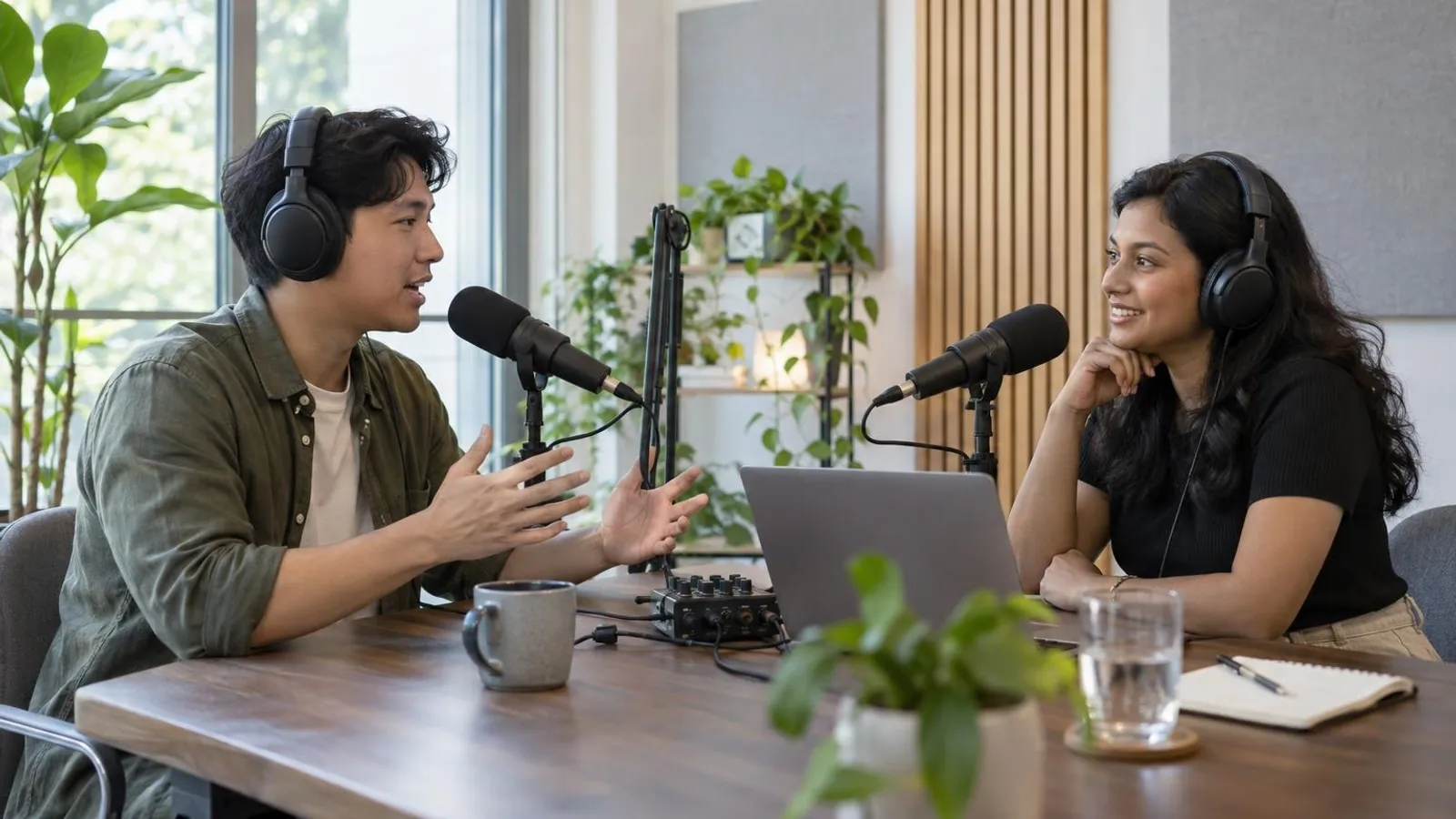 Two people recording a podcast with microphones and headphones in a bright studio