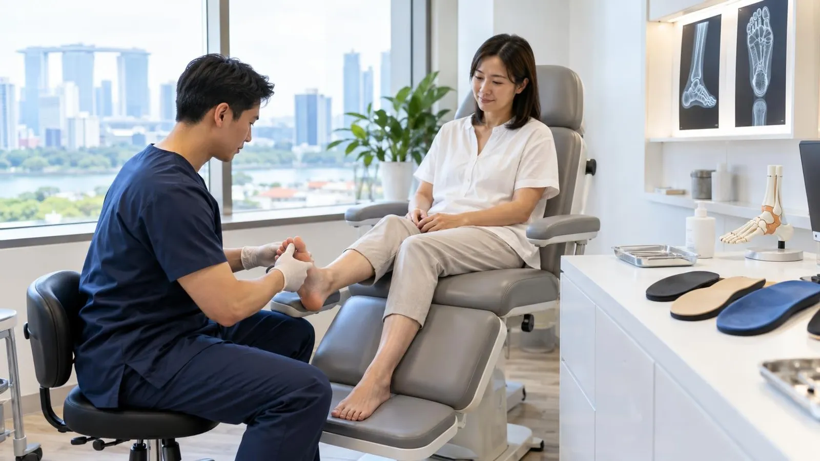 A modern podiatry clinic in Singapore with a treatment chair and orthotic insole samples