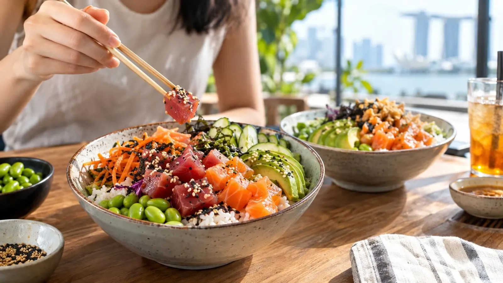 Colourful fresh poke bowls in Singapore with tuna, salmon, rice and toppings on a bright table